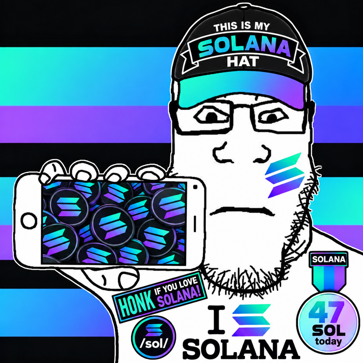 SOL Enjoyer character holding a phone full of Solana coins